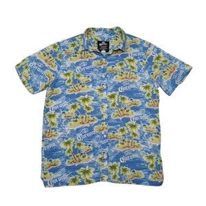 Corona Men's Medium Hawaiian Shirt Button Up Short Sleeve Blue With Trees
